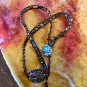 Hand made leather and stone necklace